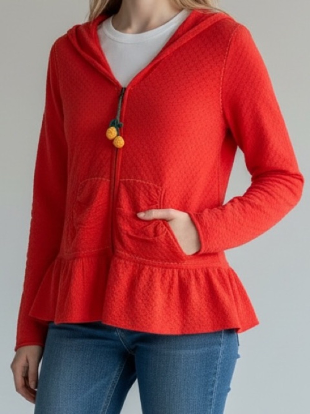 Anthropologie Moth Small Orange Red Textured Lemon Crochet Zipper Pull Jacket